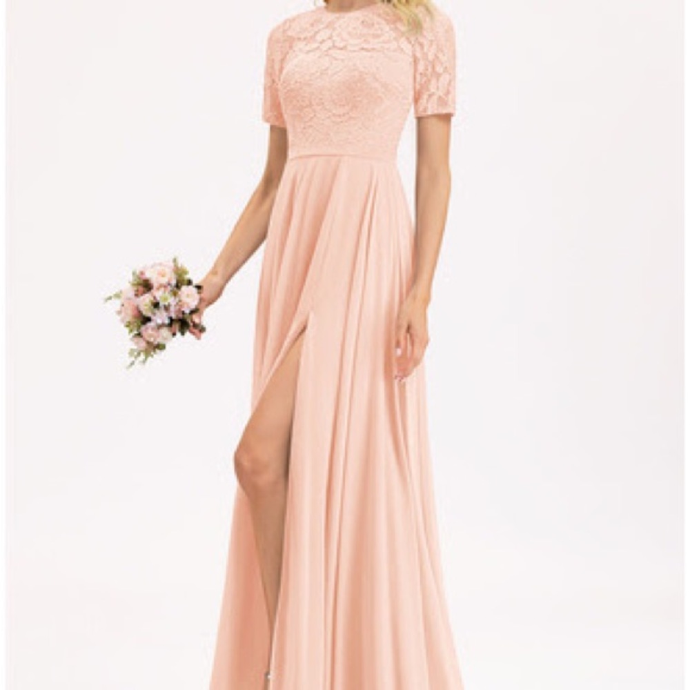 A-Line Scoop Neck Chiffon Lace Bridesmaid Dress. JJ’s House, Pearl Pink, Sz. 4